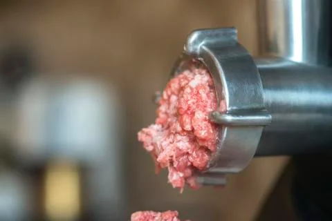 Process of meat grinding in the kitchen with mincing machine. Preparation raw Stock Photos
