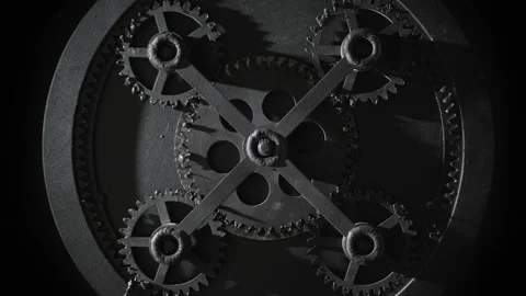 Process of mechanism of five black moving rotating gears work from inside Stock Footage 237758007