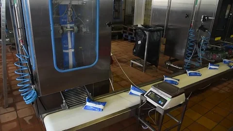 The process of milk packaging in polyethylene bags at a dairy factory Stock Footage 80768855