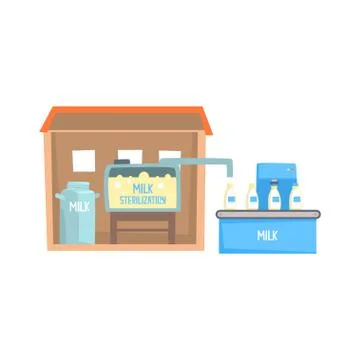 Process of milk sterilization, milk factory conveyor pouring and packing bottles Illustrazione stock