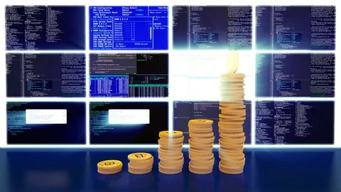 Process of mining bitcoins, blue light rays, loop Stock Footage 83000577