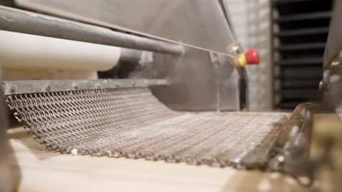 The process of moving dough on a conveyor belt. Production of bakery products. Stock Footage 235591841