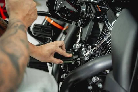 The process of nano coating motorcycle applying soft fiber sponge Stock Photos