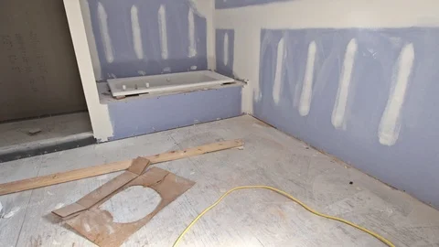 Process for new under construction bathroom interior with interior remodeling Stock Footage 126669497