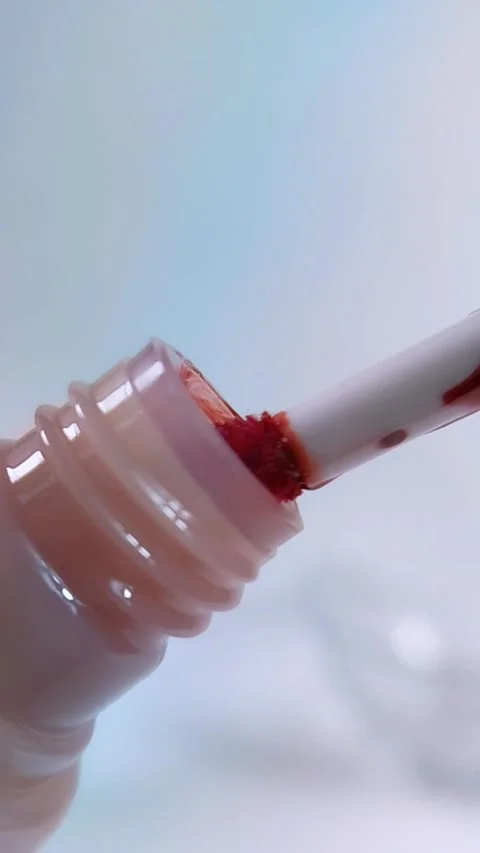 Process of opening pink product packaging cap. Lip tint product with mini r.. Stock Footage 340803862