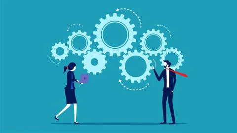 Process optimization. Businessmen turn cogs to work. business concept Illustrazione stock