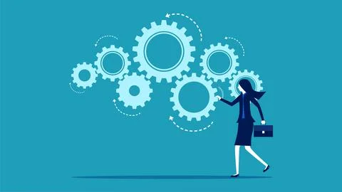 Process optimization. Businesswomen turn cogs to work. business concept Stock Illustration
