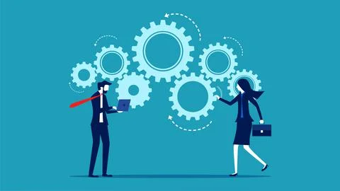 Process optimization. Businesswomen turn cogs to work. business concept Stock Illustration