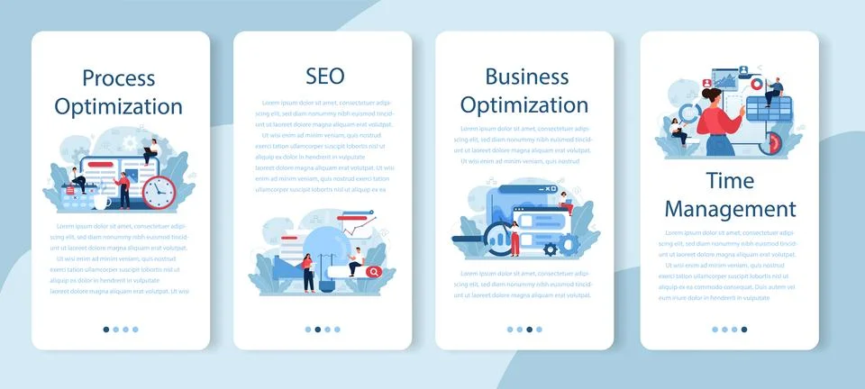 Process optimization mobile application banner set. Idea of business Stock Illustration