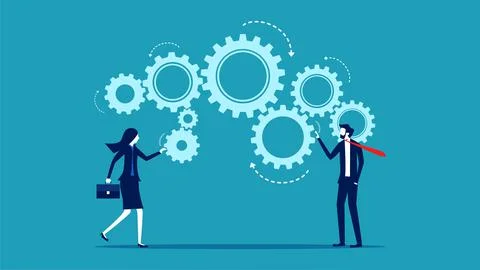 Process optimization. A team of businessmen turn the cogs to work. business c Stock Illustration