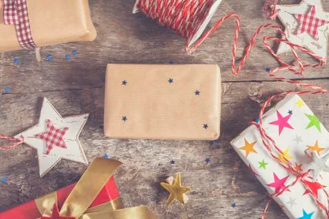 Process of packing holiday gifts with effect instagram Stock Photos