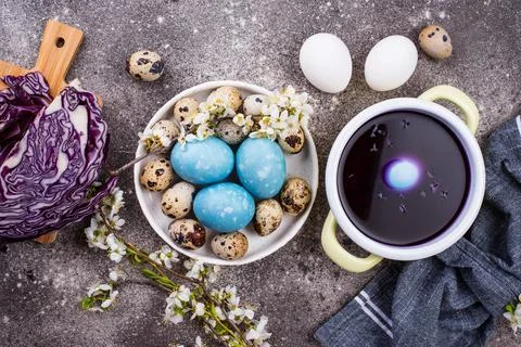 Process of painting Easter eggs in blue Stock Photos