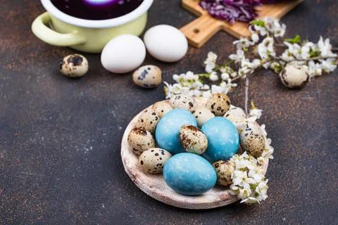 Process of painting Easter eggs in blue Stock Photos