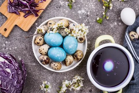 Process of painting Easter eggs in blue Stock Photos