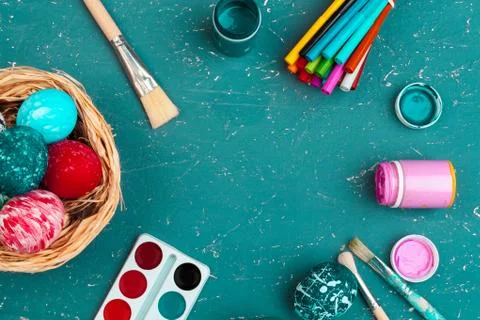 Process of painting Easter eggs. Preparing for Easter. Creative photo. Stock Photos