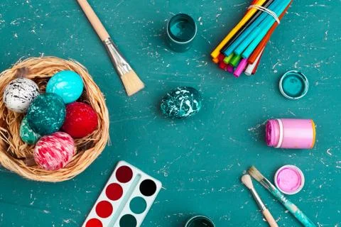 Process of painting Easter eggs. Preparing for Easter. Stock Photos
