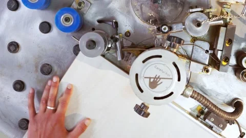 The process of pasting PVC edge product from chipboard. The machine for Video stock 194928133