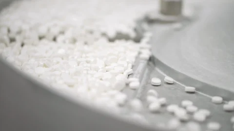 Process of pill production on plant, tablets. Industrial pharmaceutical concept Stock Footage