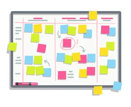 Process planning board with color sticky notes. Scrum task whiteboard flat Stock Illustration