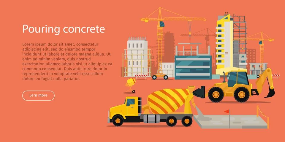 Process of Pouring Concrete Web Banner. Vector Illustrazione stock