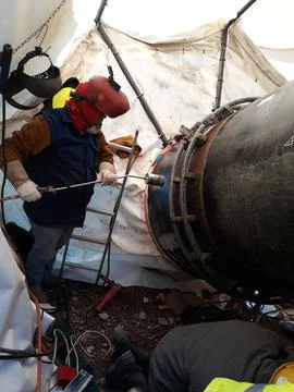 The process of preheating around the weld joint Stock Photos