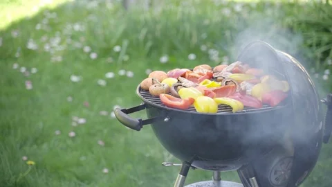 The process of preparation barbecue from chicken meat, vegetables and mushrooms Stock Footage 111874364