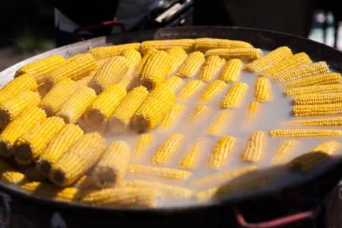 Process of preparation of boiled corn in a cauldron on a fire, a tasty dish. Stock Photos