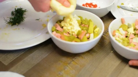 Process of preparation of salad with olive mayonnaise 스톡 동영상 88374675