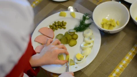 Process of preparation of salad with olive mayonnaise Stock Footage 88374756