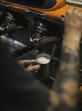Process of preparing cappuccino on the cafe Stock Photos