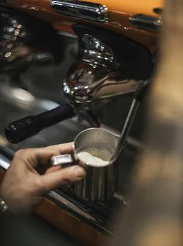 Process of preparing cappuccino on the cafe Stock Photos