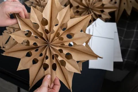 Process of preparing for Christmas star and New Year eve. 3D craft bag sno... Stock Photos