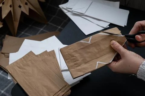 Process of preparing for Christmas star and New Year eve. 3D craft bag Stock Photos