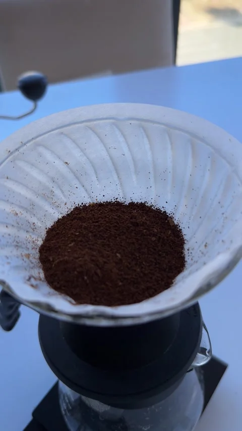 Process of preparing coffee grounds for brewing in a filter Stock Footage 297373611