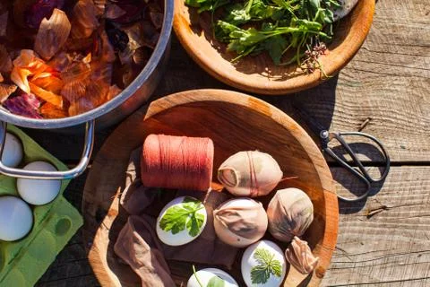 The process of preparing for dyeing eggs in onion peel Stock Photos