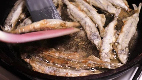 The process of preparing fried capelin fish in vegetable oil. Stock Footage 154459171