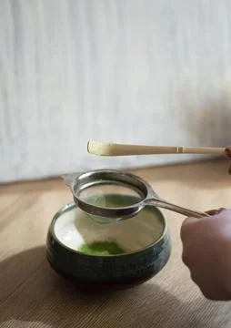 Process of preparing Matcha tea Stock Photos