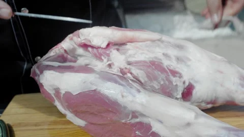 Process of preparing meat for dish in country house yard Stock Footage 248044713