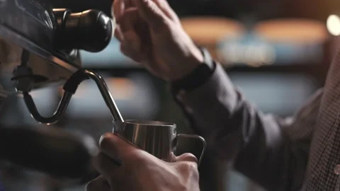 Process of preparing milk foam for cappuccino or latte Stock Footage 189369982