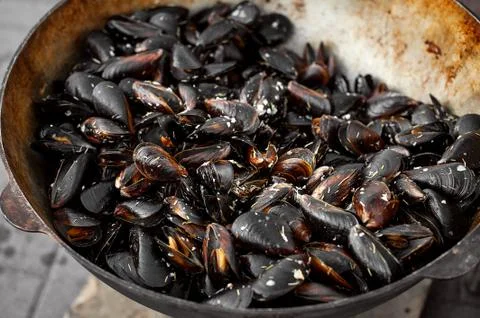 The process of preparing mussels in a large saucepan. Street food with seafoo Stock Photos