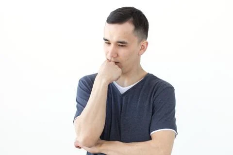 Process, problem, people concept - young man thinking about problem Stock Photos