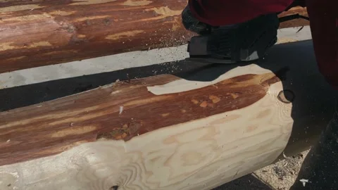 The process of processing logs from the bark with a grinding hand tool. Stock-Footage 220517257