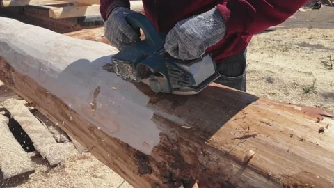 The process of processing logs from the bark with a grinding hand tool. Video stock 220517312