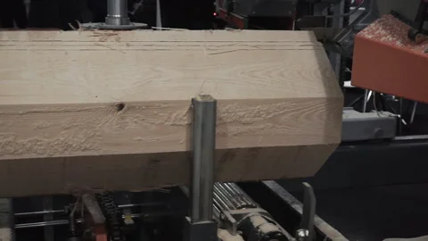 The process of processing logs on sawmill equipment. Sawing logs at sawmill equi Stock Footage 120872422