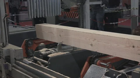 The process of processing logs in sawmill equipment. Sawing logs at sawmill equi Stock Footage 121969094