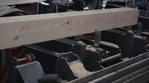 The process of processing logs in sawmill equipment. Sawing logs at sawmill equi Stock Footage 121969153
