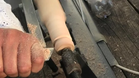 Process of processing a wooden part on a lathe Stock Footage 300567336