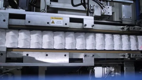 Process producing blocks of dependent springs at mattress factory indoors. Stock-Footage 240757145