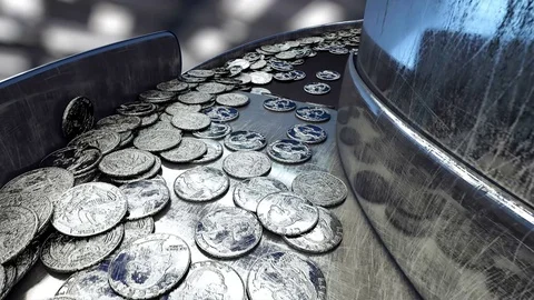 Process of production of coins, 25 cents. Industrial concept. Factory equipment  Stock Footage 73820320