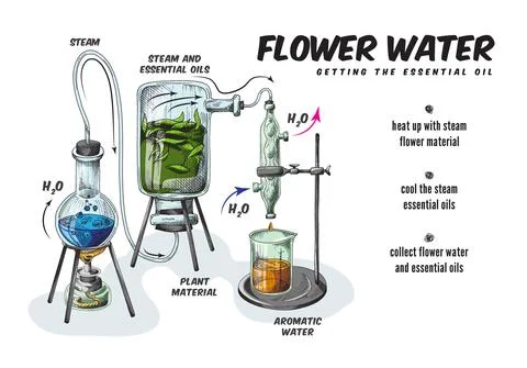 Process production of essential aromatic oil and flower water in chemistry lab Stock-Illustration